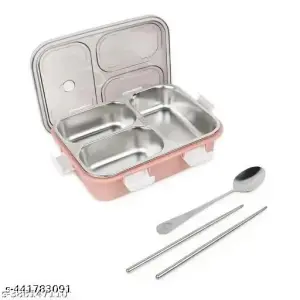 Lunch Box 3 Compartment Leak-Proof BPA Free Stainless Steel with Spoon, for School, Lunch Box, Lunch Box for School & Office with a Fork, a Spoon and a Pair of Chopsticks
