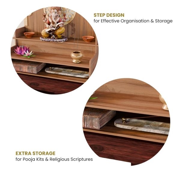 NARMADA Temple | Home Office Wall and Table Mandir with Extra Storage Engineered Wood | Dual Colour Design | No Screw or Bolt Assembly | Wall Mountable | Pooja Temple | Colour: Walnut - Image 3