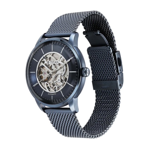 Titan Skeletal Automatic Blue Dial Blue Stainless Steel Strap Watch for Men - Image 3