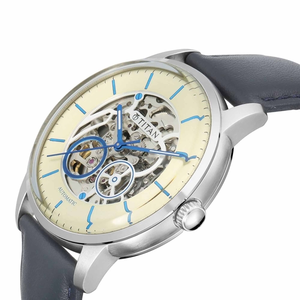 Titan Automatic Champagne Dial Blue Leather Strap Watch for Men - Image 2