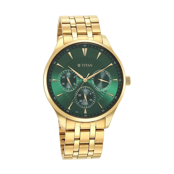 Titan Green Dial Gold Stainless Steel Strap Multifunction Watch for Men - Image 2