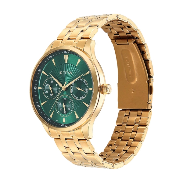 Titan Green Dial Gold Stainless Steel Strap Multifunction Watch for Men - Image 3