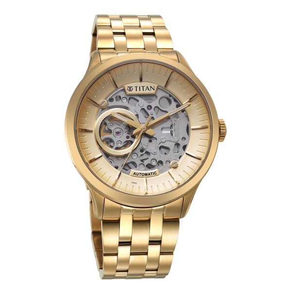 Titan Metal Mechanicals Golden Dial Golden Stainless Steel Strap Watch for Men - Image 2