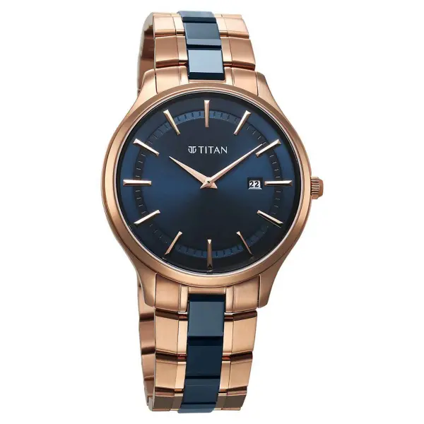 Titan Slim Ceramic Fusion Quartz Analog with Date Blue Dial Stainless Steel Strap Watch For Men - Image 2