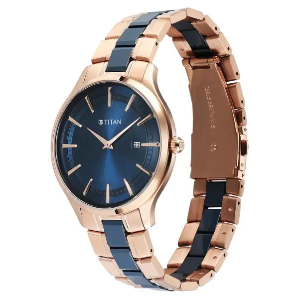 Titan Slim Ceramic Fusion Quartz Analog with Date Blue Dial Stainless Steel Strap Watch For Men - Image 3