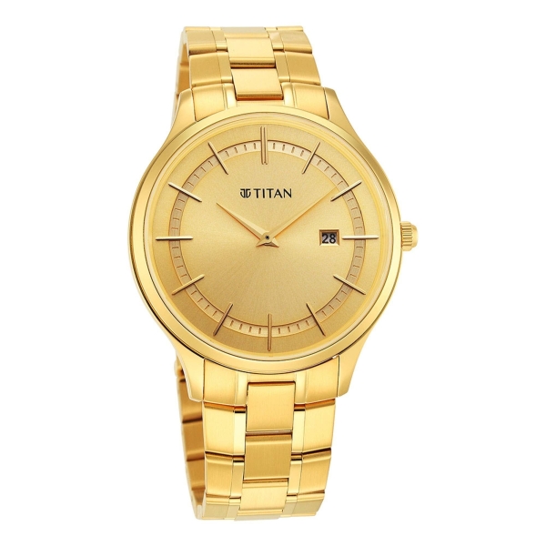Titan Classique Slimline Champagne Dial Analog with Day and Date Stainless Steel Strap Watch for Men - Image 3