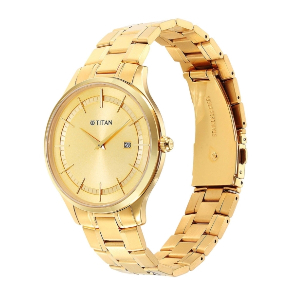 Titan Classique Slimline Champagne Dial Analog with Day and Date Stainless Steel Strap Watch for Men - Image 4
