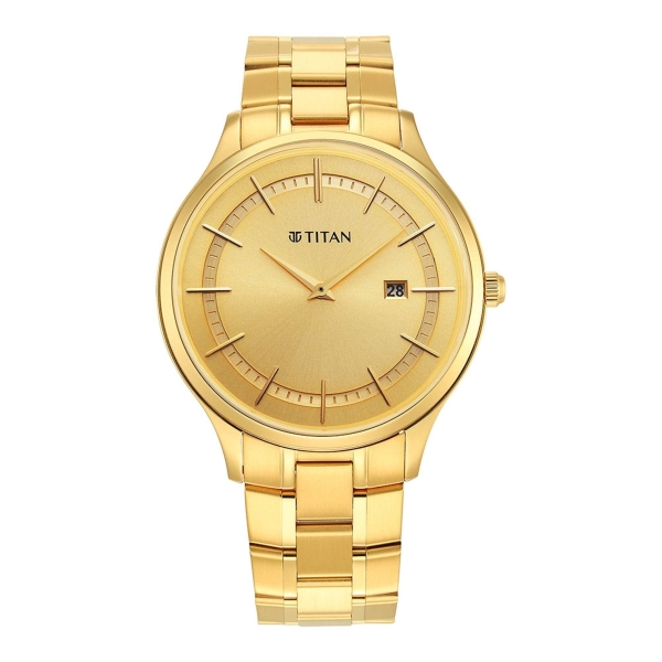 Titan Classique Slimline Champagne Dial Analog with Day and Date Stainless Steel Strap Watch for Men - Image 2