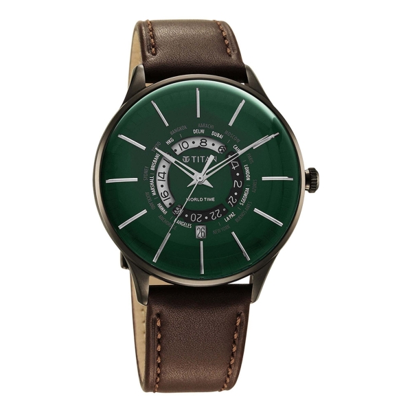 Titan Green Dial World Time with Date Leather Strap watch for Men - Image 2