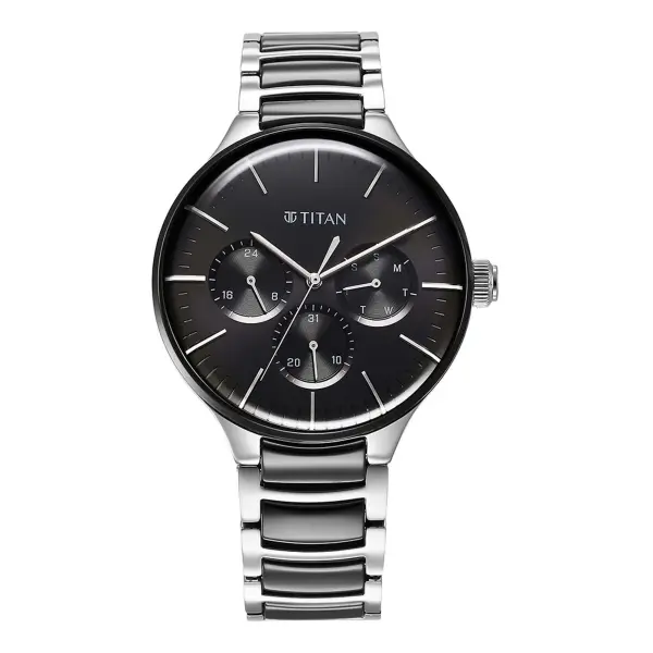 Titan Ceramic Fusion Quartz Multifunction Black Dial Silver Dual-Toned Stainless Steel Bracelet Watch for Men - Image 2