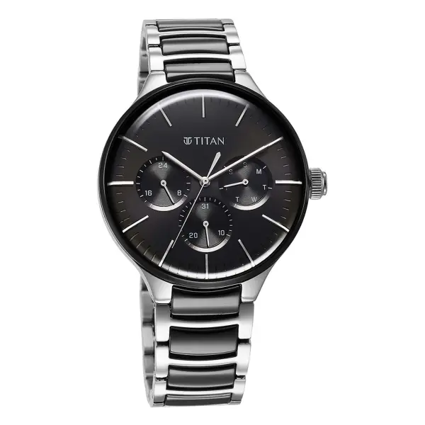 Titan Ceramic Fusion Quartz Multifunction Black Dial Silver Dual-Toned Stainless Steel Bracelet Watch for Men - Image 3