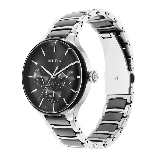 Titan Ceramic Fusion Quartz Multifunction Black Dial Silver Dual-Toned Stainless Steel Bracelet Watch for Men - Image 4