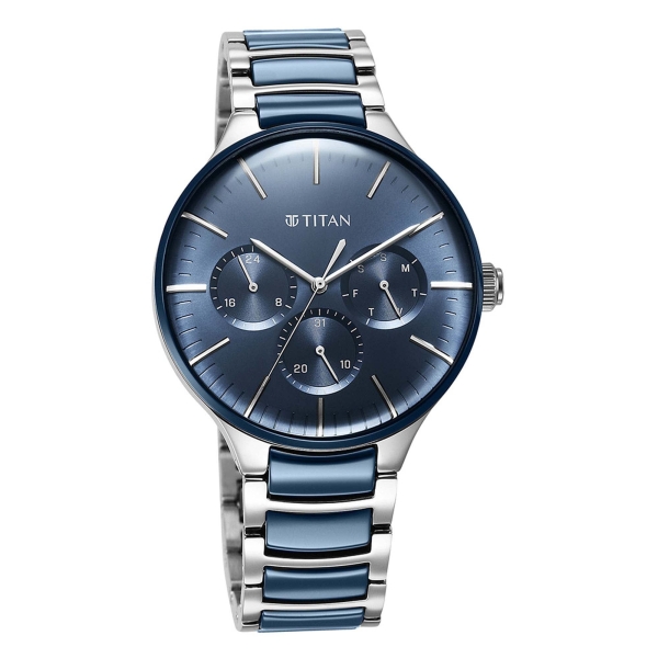 Titan Ceramic Fusion Quartz Multifunction Blue Dial Silver Dual-Toned Stainless Steel Bracelet Watch for Men - Image 2