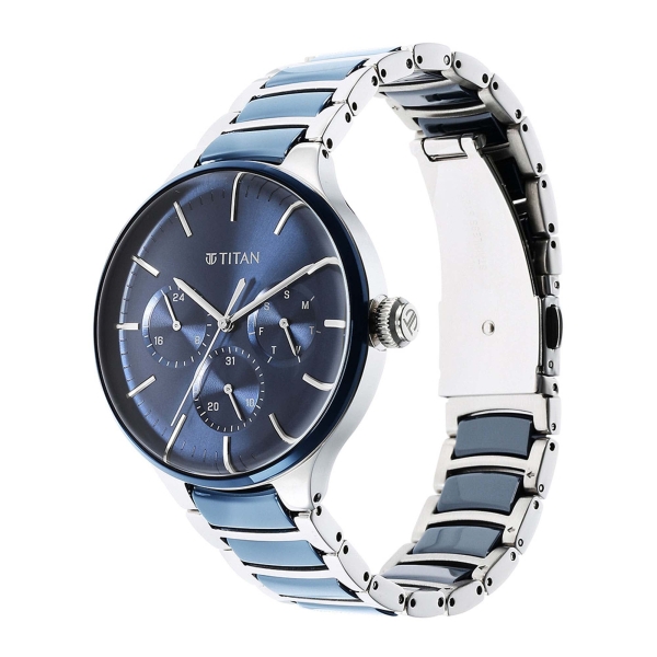 Titan Ceramic Fusion Quartz Multifunction Blue Dial Silver Dual-Toned Stainless Steel Bracelet Watch for Men - Image 3