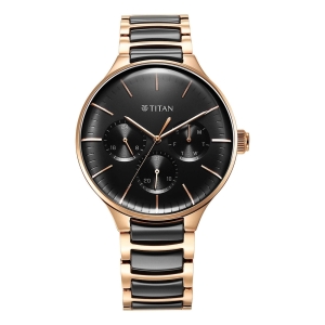 Titan Ceramic Fusion Quartz Multifunction Black Dial Rose Gold Dual-Toned Stainless Steel Bracelet Watch for Men