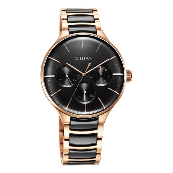 Titan Ceramic Fusion Quartz Multifunction Black Dial Rose Gold Dual-Toned Stainless Steel Bracelet Watch for Men - Image 2