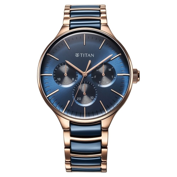Titan Ceramic Fusion Quartz Multifunction Blue Dial With Two Toned Color Stainless Steel Strap Watch For Men - Image 2