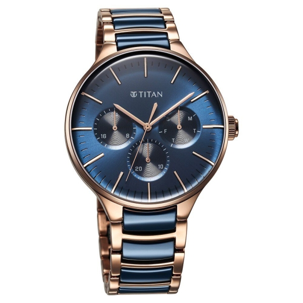Titan Ceramic Fusion Quartz Multifunction Blue Dial With Two Toned Color Stainless Steel Strap Watch For Men - Image 4