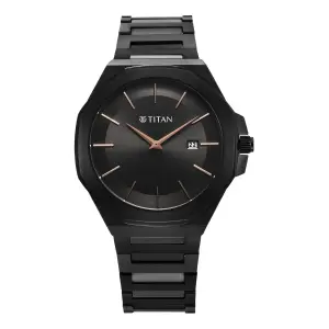 Titan Classic Slim Quartz Analog with Date Black Dial Stainless Steel Strap Watch for Men
