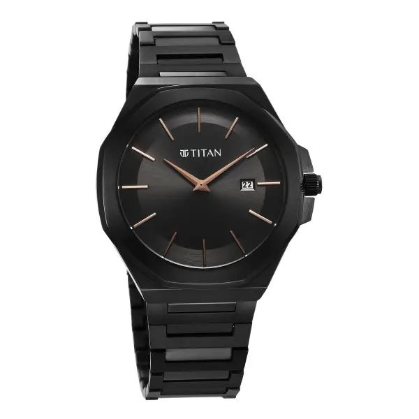 Titan Classic Slim Quartz Analog with Date Black Dial Stainless Steel Strap Watch for Men - Image 2