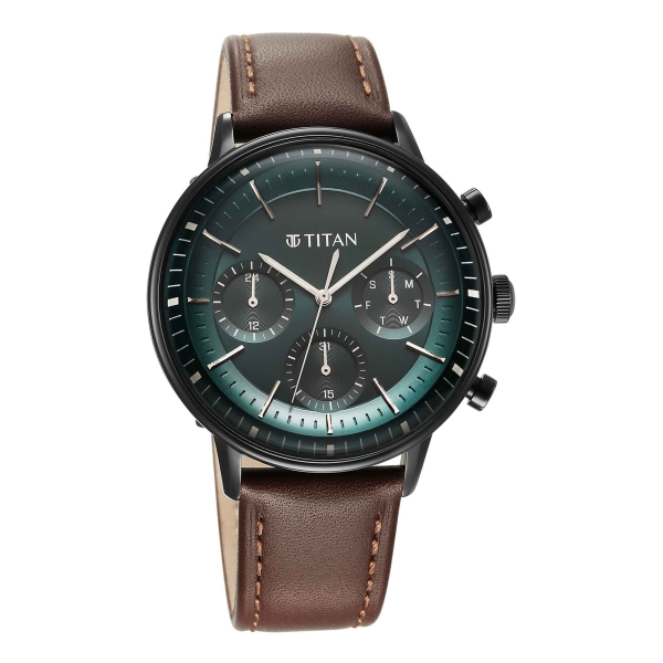 Titan Light Leathers Quartz Multifunction Black Dial Leather Strap Watch for Men - Image 2