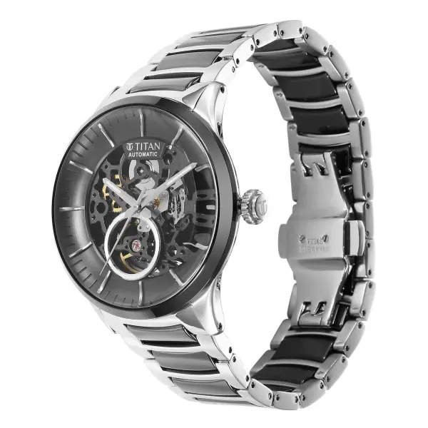 Titan Ceramic Fusion Automatic Black Dial Silver Dual-Toned Stainless Steel Bracelet Watch for Men - Image 3