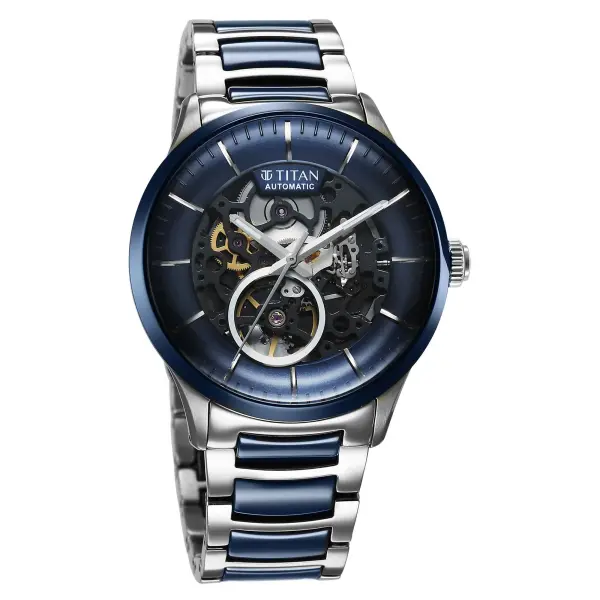 Titan Ceramic Fusion Automatic Blue Dial Silver Dual-Toned Stainless Steel Bracelet Watch for Men - Image 2
