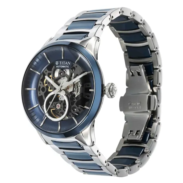 Titan Ceramic Fusion Automatic Blue Dial Silver Dual-Toned Stainless Steel Bracelet Watch for Men - Image 3