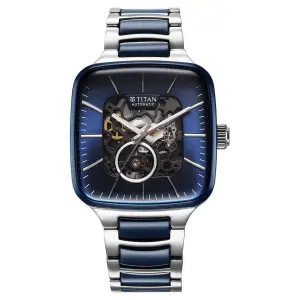 Titan Ceramic Fusion Automatic Square Blue Dial Rose Gold Dual-Toned Stainless Steel Bracelet Watch for Men
