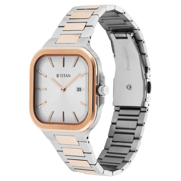 Titan Classique Slim Square Quartz Analog with Date Silver Dial Stainless Steel Strap Watch for Men - Image 3