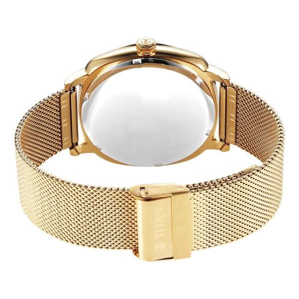 Titan Classique Suave Quartz Yellow Dial Golden Stainless Steel Mesh Strap Watch for Men - Image 3