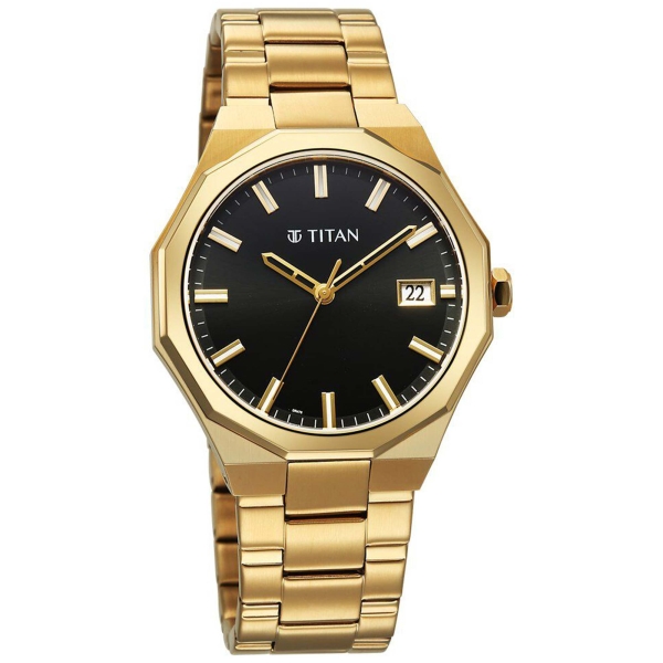 Titan Regalia Dodecagon Quartz Analog with Date Black Dial Golden Stainless Steel Strap Watch For Men - Image 2