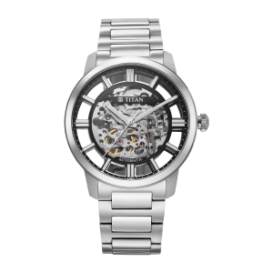 Titan Black Dial Silver Stainless Steel Strap Skeletal Automatic Watch for Men