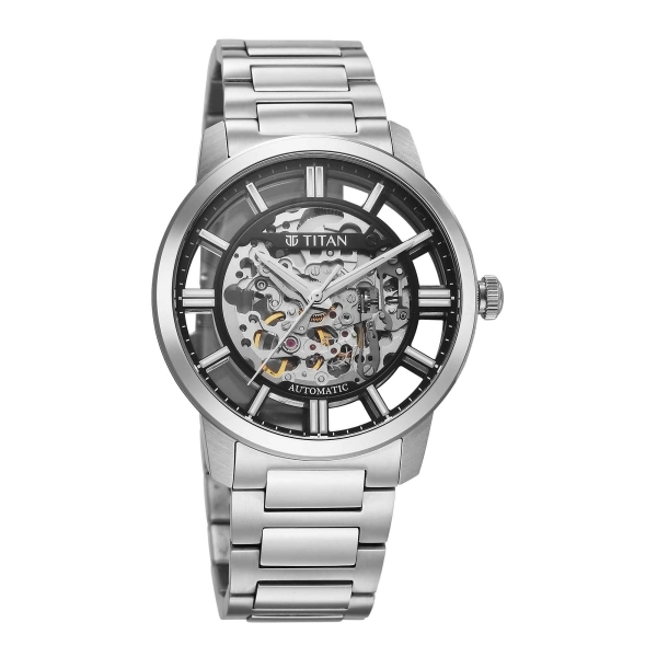 Titan Black Dial Silver Stainless Steel Strap Skeletal Automatic Watch for Men - Image 2