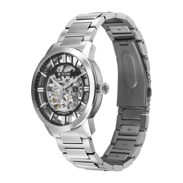 Titan Black Dial Silver Stainless Steel Strap Skeletal Automatic Watch for Men - Image 3