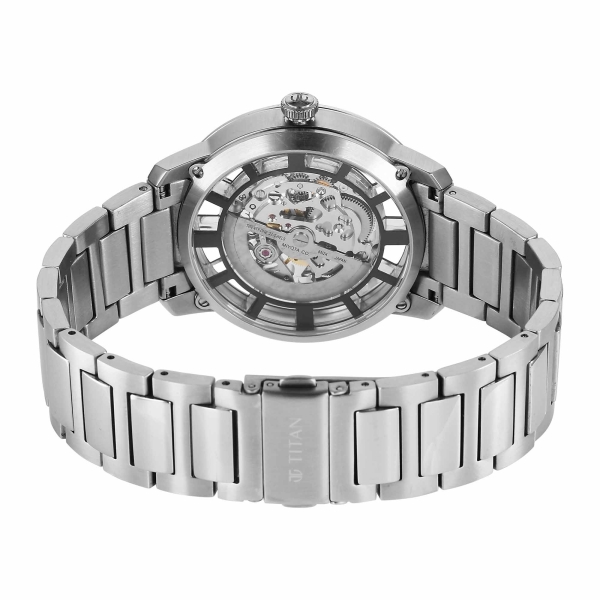 Titan Black Dial Silver Stainless Steel Strap Skeletal Automatic Watch for Men - Image 5