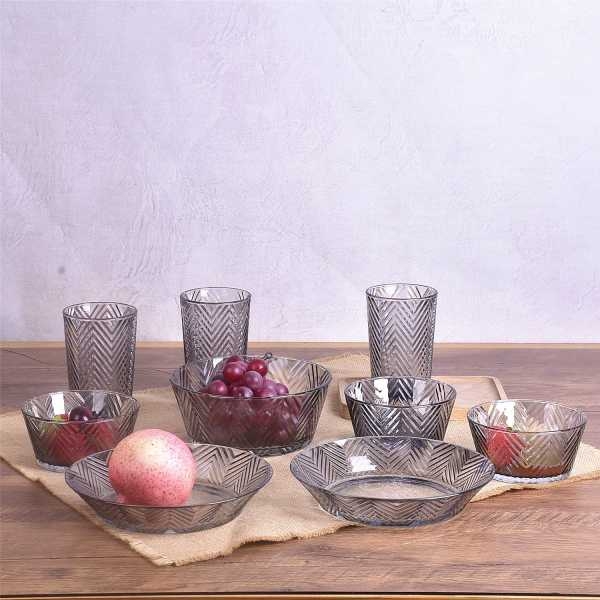 NepLiving Transparent Stripe Glass Bowl and Glasses for Home, Restaurants (850ml*1, 400ml*3, 19.2cm*2, 350ml*3) - Image 3