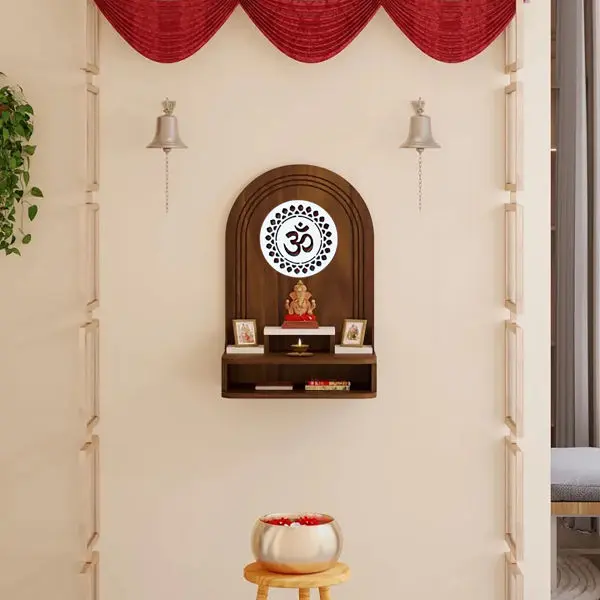 Roval Temple Wooden Home and Office Mandir Wall Mounted Pooja Stand Simple and Beautiful for Standard Frame and Idol with Removable Plank in Brown and White - Image 3