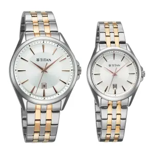 Titan Silver White Dial Two Toned Stainless Steel Strap Analog with Date Watch for Couple
