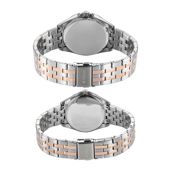Titan Silver White Dial Two Toned Stainless Steel Strap Analog with Date Watch for Couple - Image 3