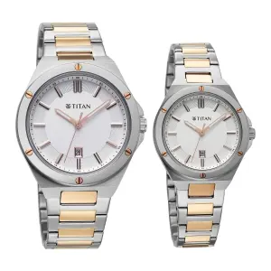 Titan White Dial Two Toned Stainless Steel Strap Analog with Date Watch for Couple