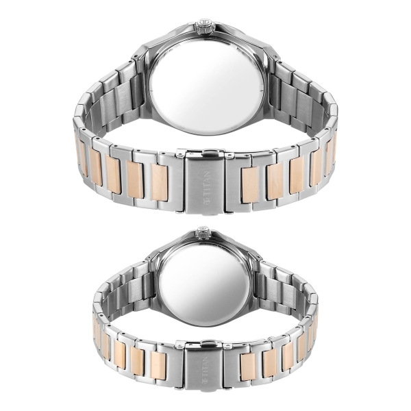 Titan White Dial Two Toned Stainless Steel Strap Analog with Date Watch for Couple - Image 3