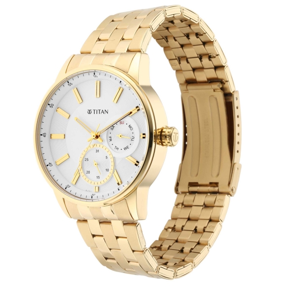 Titan Quartz Analog White Dial Stainless Steel Strap Watch for Men - Image 2