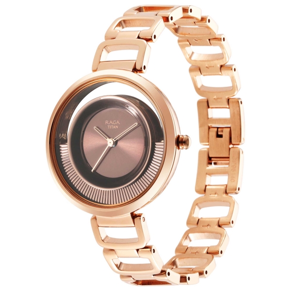 Titan Raga Brown Dial Rose Gold Metal Strap Analog Watch for Women - Image 2