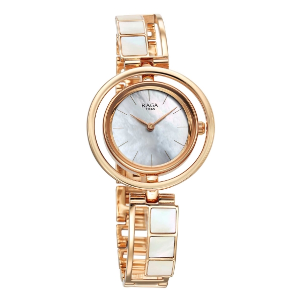 Titan Raga Power Pearls Quartz Analog Mother Of Pearl Dial Rose Gold Metal Strap Watch for Women - Image 2