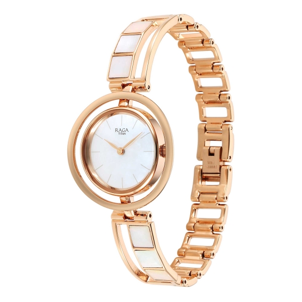 Titan Raga Power Pearls Quartz Analog Mother Of Pearl Dial Rose Gold Metal Strap Watch for Women - Image 3