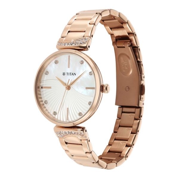 Titan Purple Style Up Quartz Analog Mother Of Pearl Dial Stainless Steel Strap Watch for Women 95237WM01 - Image 3