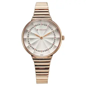 Titan Aura Quartz Analog Silver Dial Rose Gold Stainless Steel Strap Watch For Women