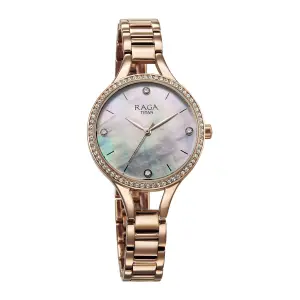 Titan Raga Showstopper Quartz Analog Mother Of Pearl Dial Metal Strap Watch For Women