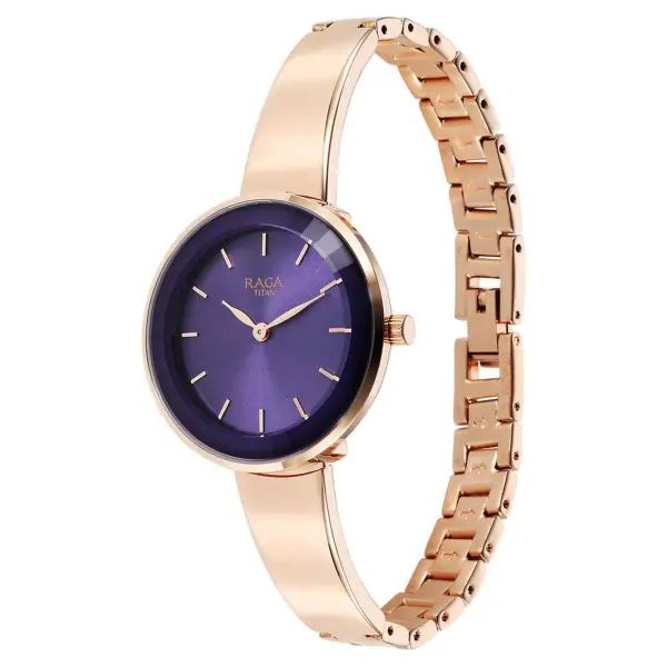 Titan Raga Showstopper Quartz Analog Purple Round Dial Rose Gold Metal Strap Watch For Women - Image 3